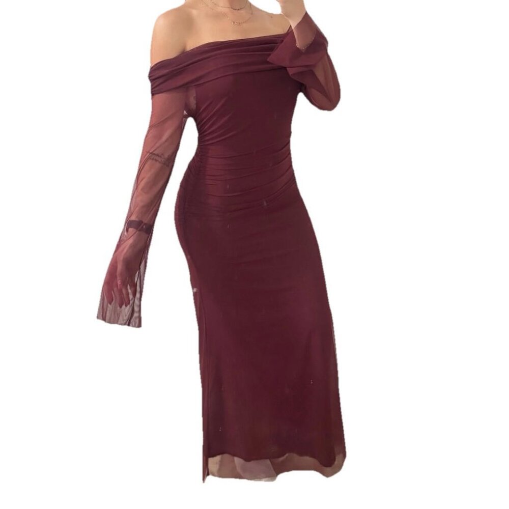 Women’s Wedding Formal Brunch Burgundy Long Dress Size Medium M Ruched Unbranded